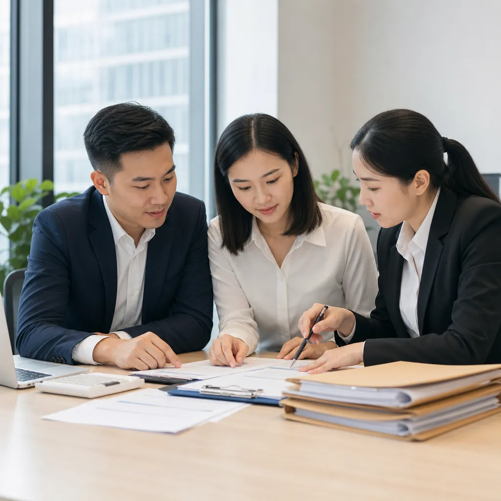 三名商务人士在现代办公室内共同查看并讨论桌上的文件资料