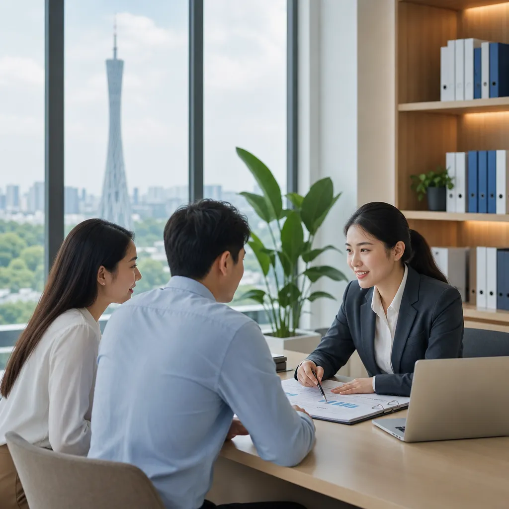 年轻夫妇在现代办公室向财务顾问咨询，窗外可见城市景观