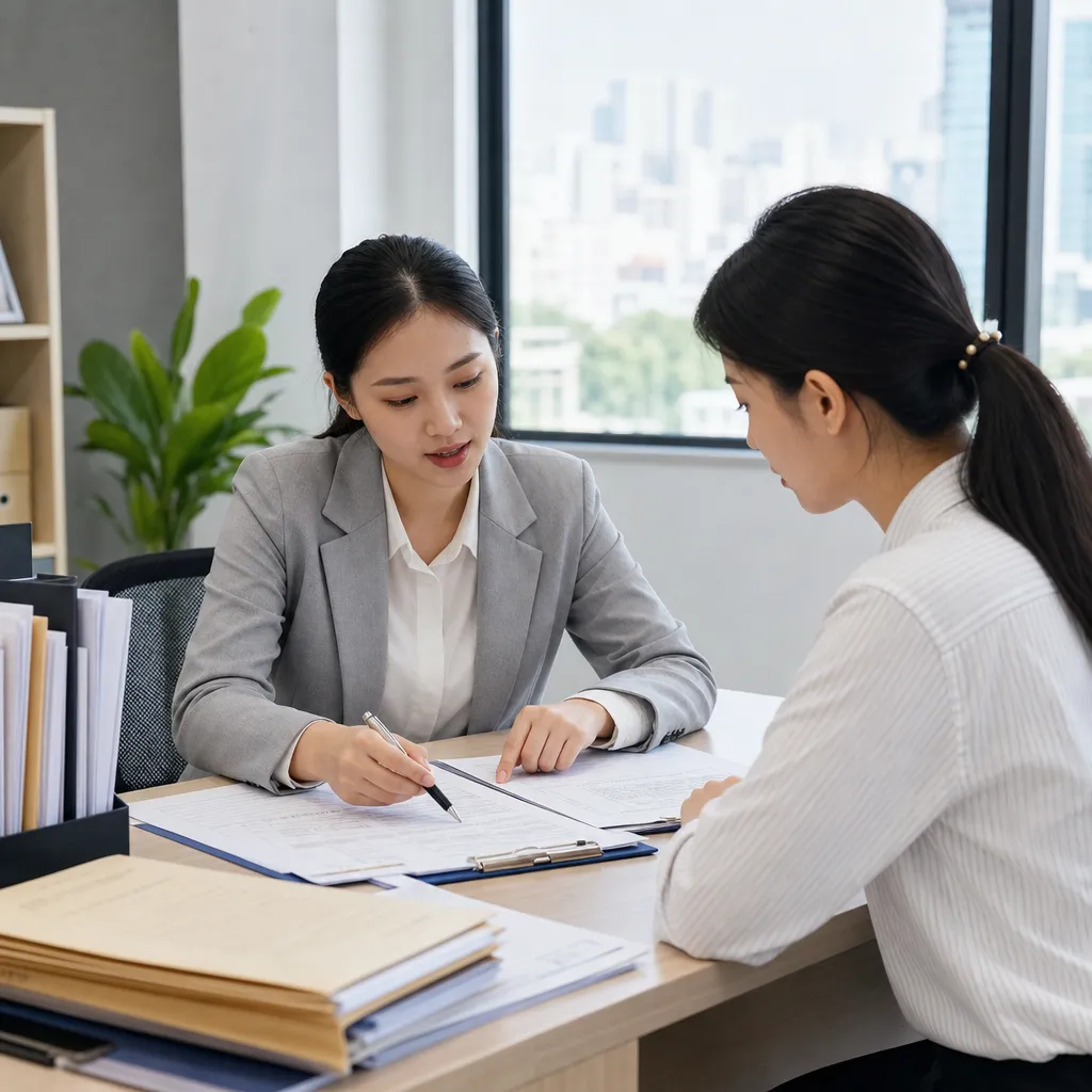 两名职业女性在现代办公室内交流并共同查看桌上的文件资料