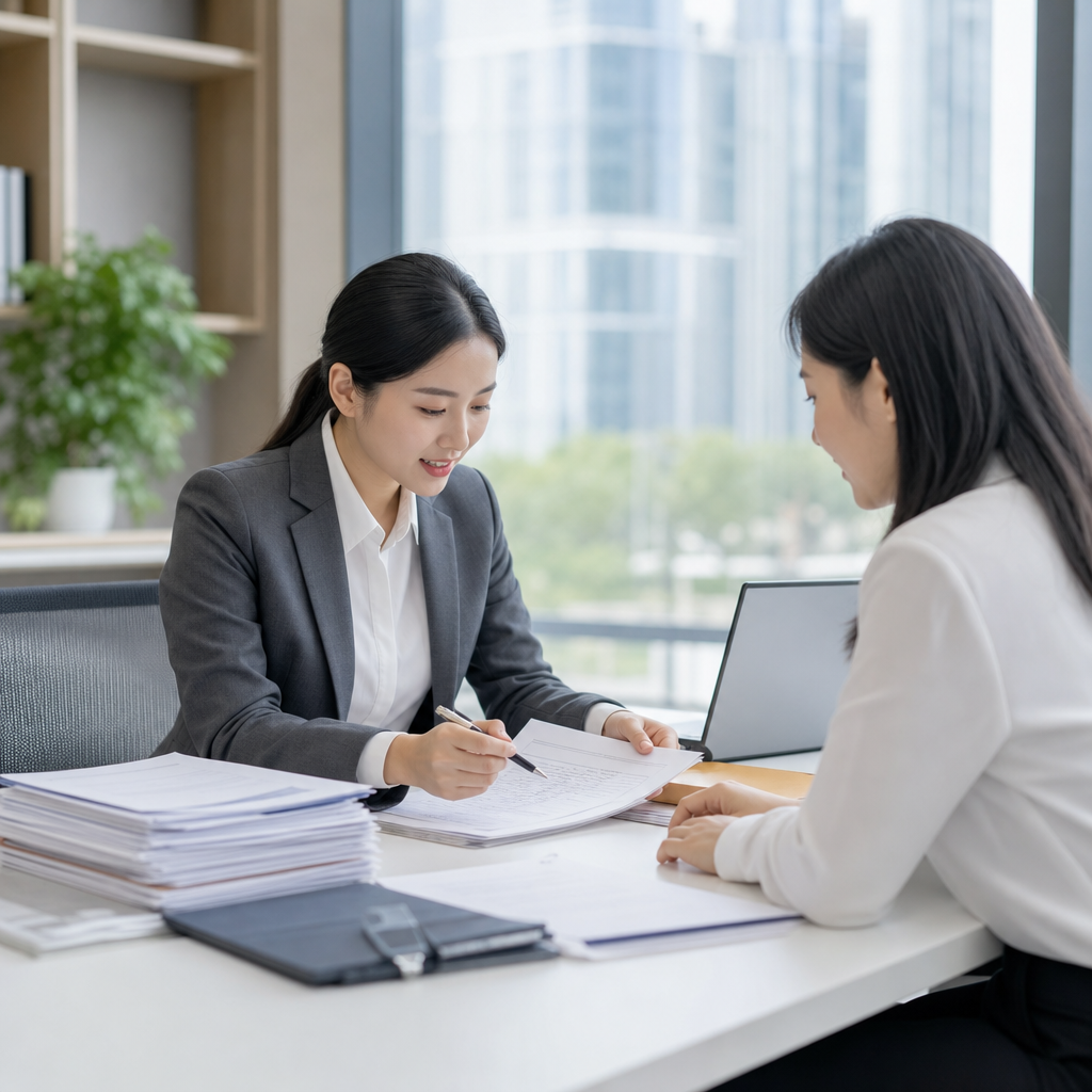 两名职业女性在现代办公室内查看文件并交流工作事项