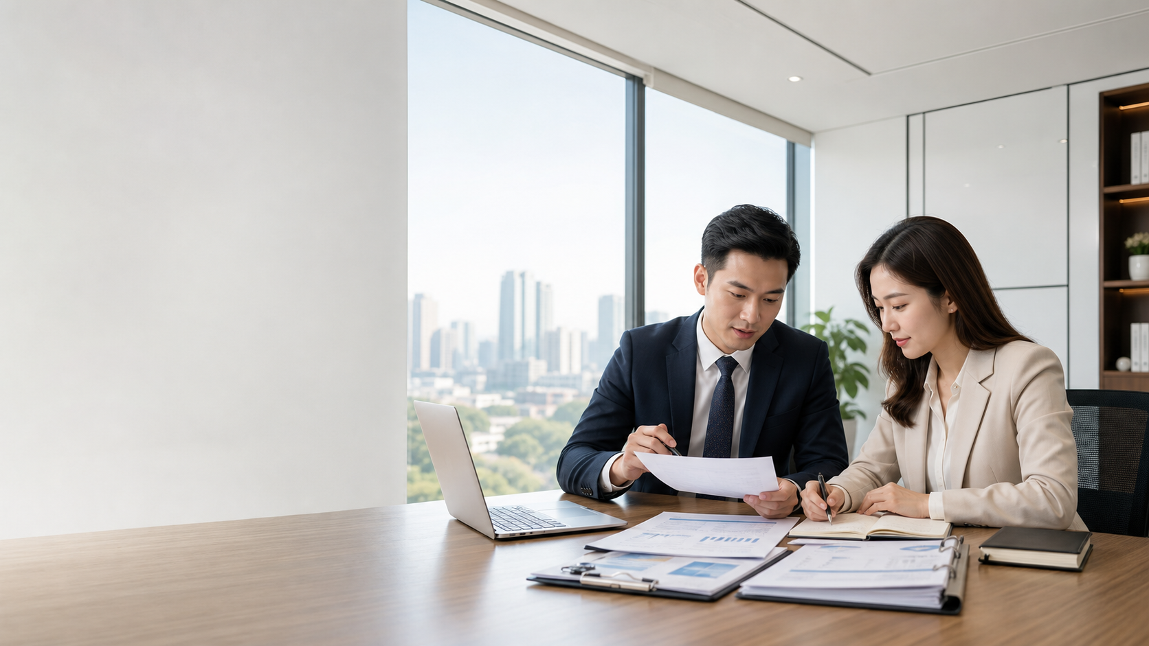 两位商务人士在现代办公室内共同查看文件，窗外可见城市景观