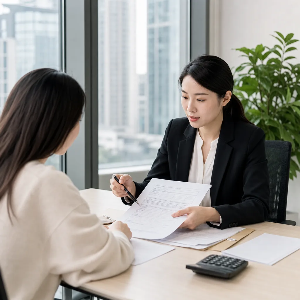 两名职业女性在现代办公室内共同查看并讨论桌上的文件资料