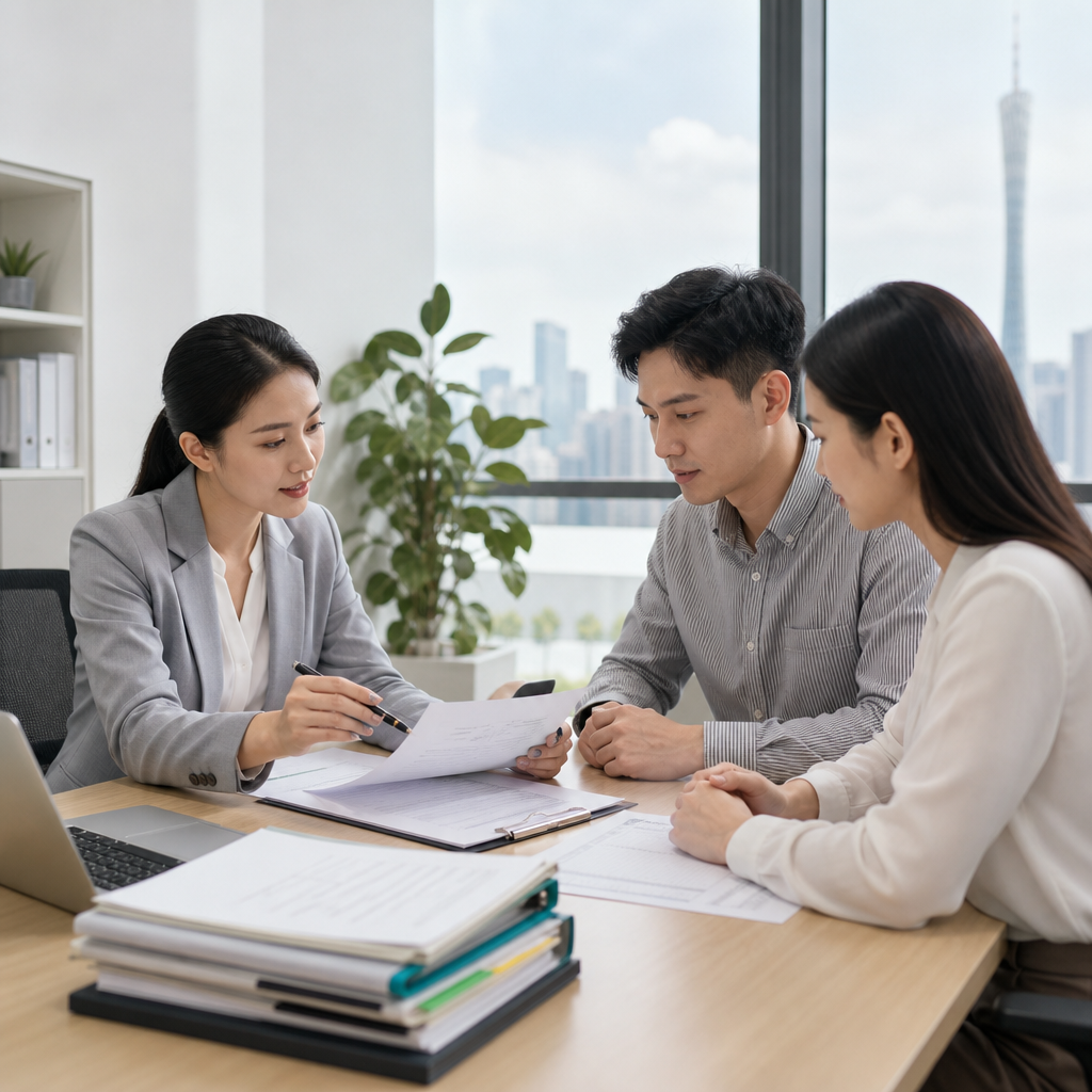 财务顾问在现代办公室向年轻夫妇讲解资料,窗外可见城市景观