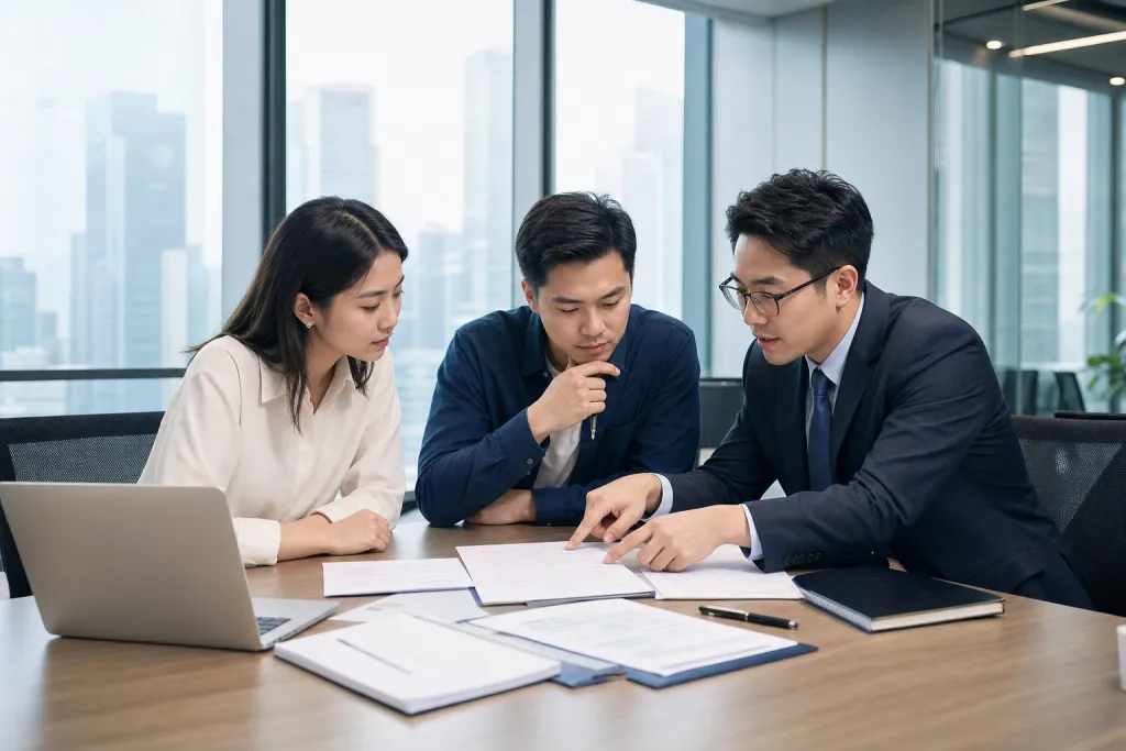 三名商务人士在现代办公室共同查看并讨论桌上的文件资料